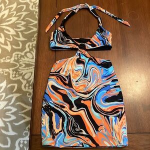 White Fox Boutique Swirl halter tie dress. Black, blue, and orange. Size XSmall.